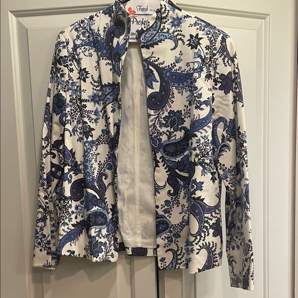 Beautiful Women's Blazer in Blue and White Paisley with sequins
